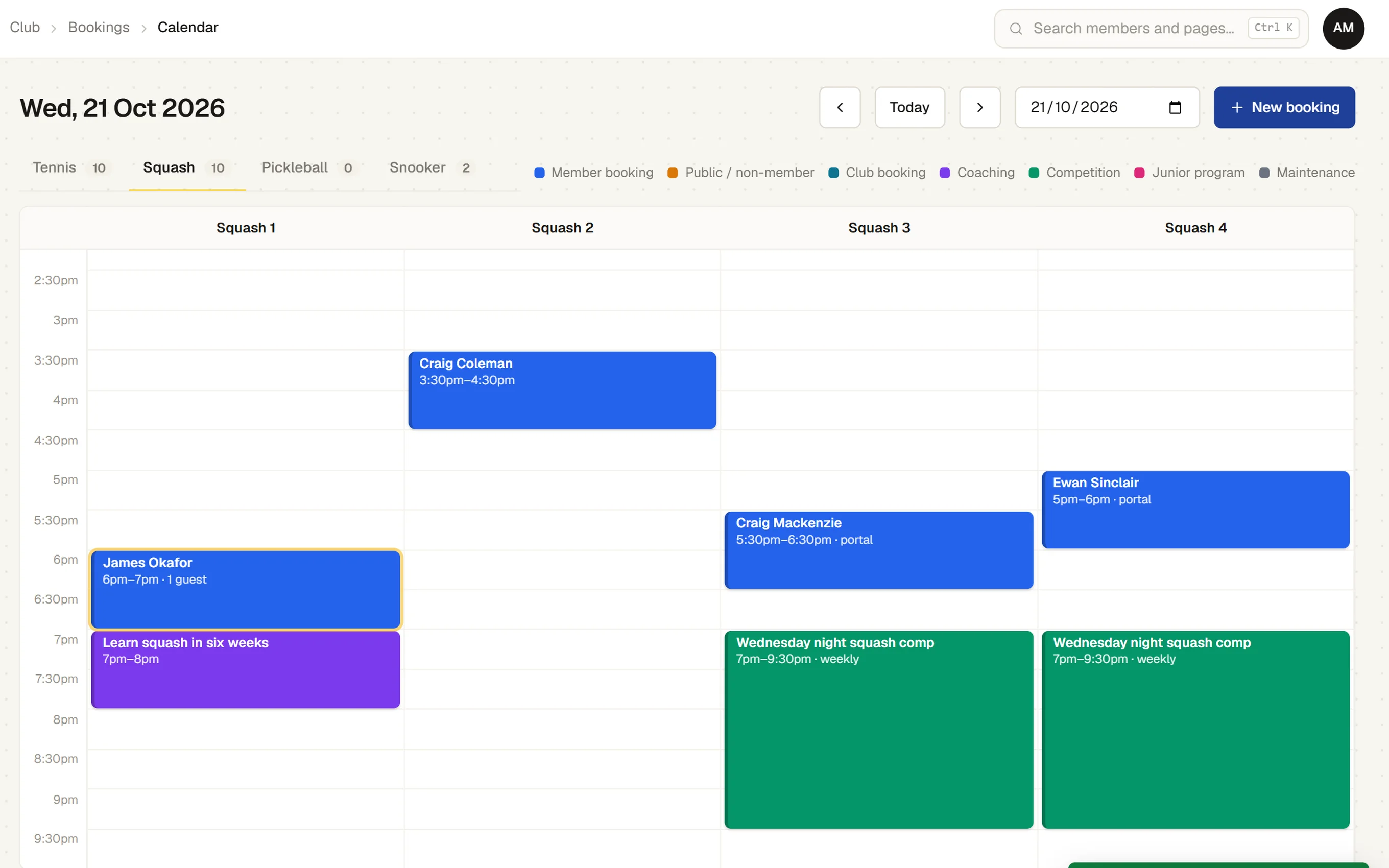 The court booking calendar