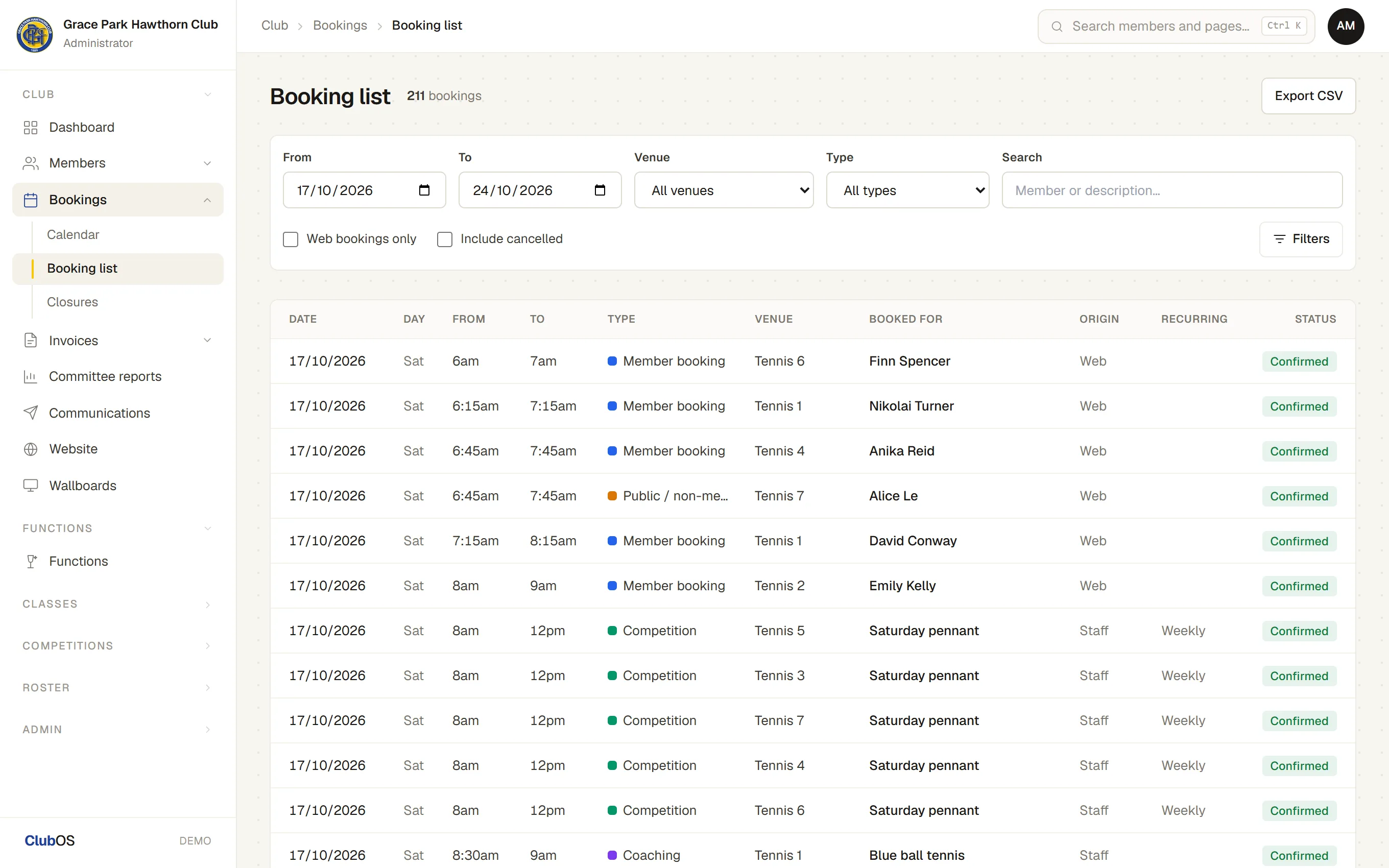 The booking list, filtered by date, venue and type
