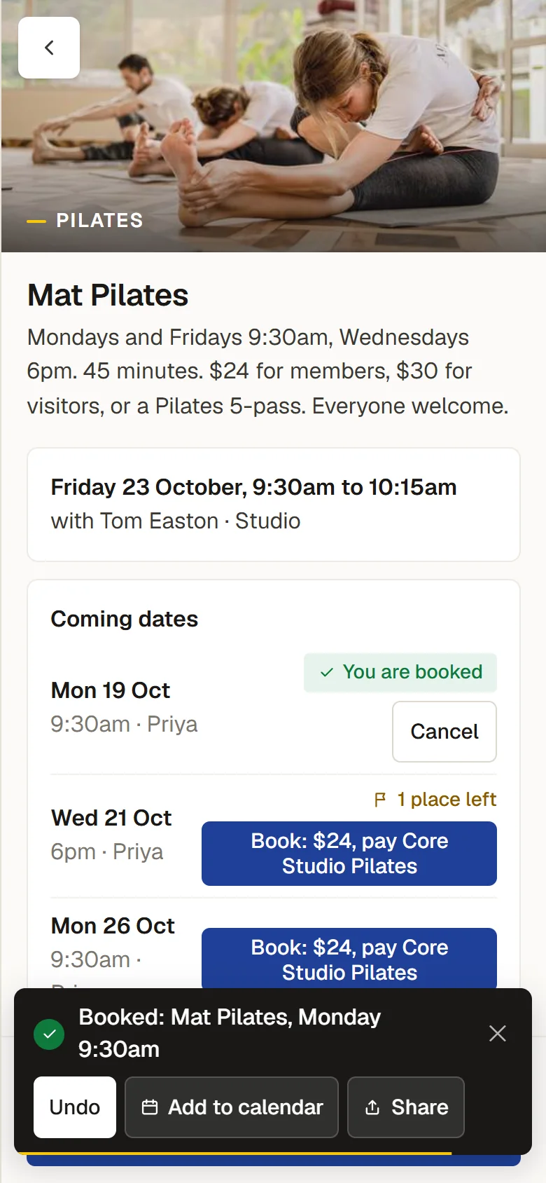 The timetable a member sees on a phone