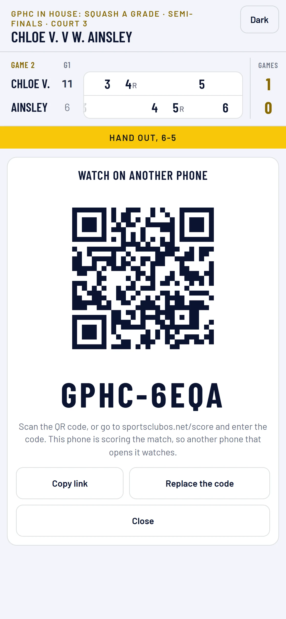 The match’s code and QR code, for another phone