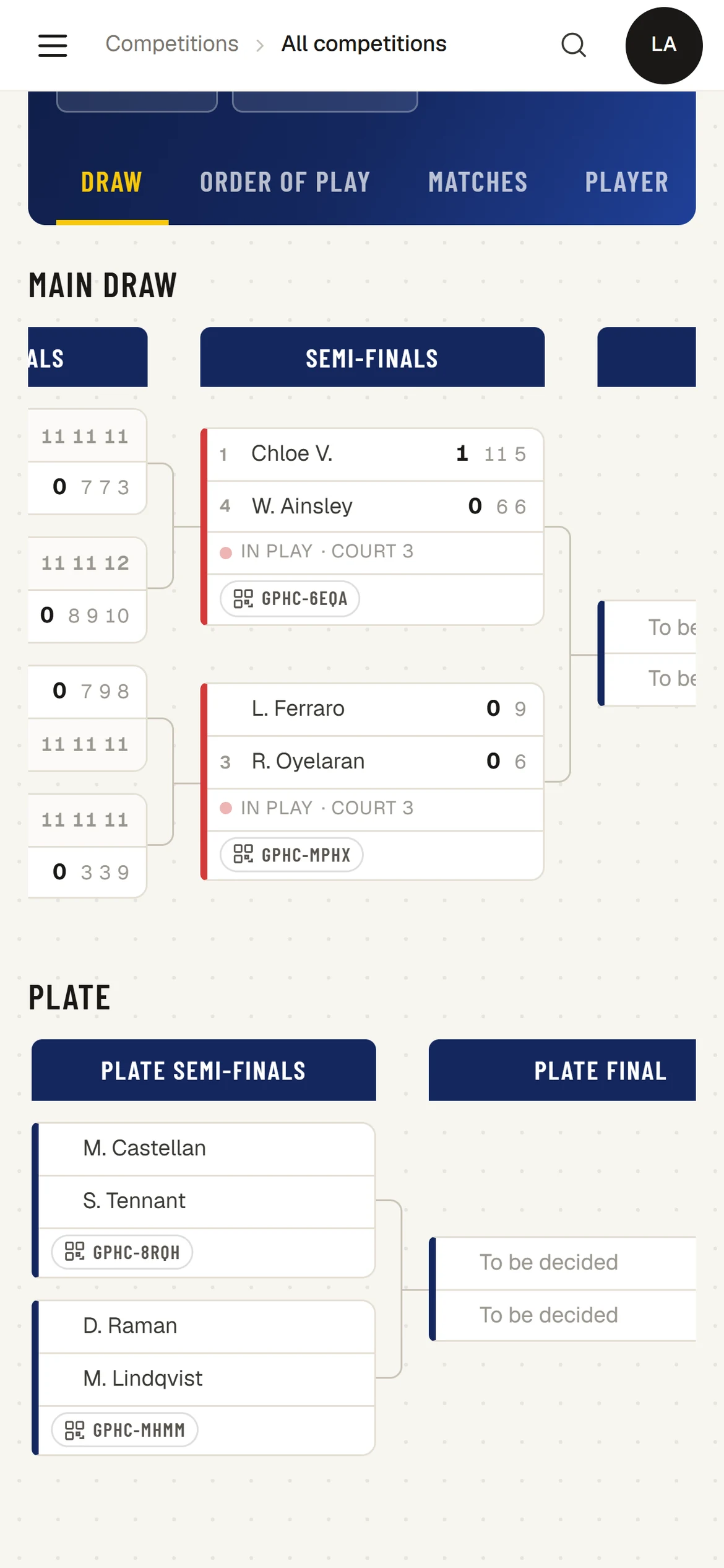 The draw on a phone, with a match in play