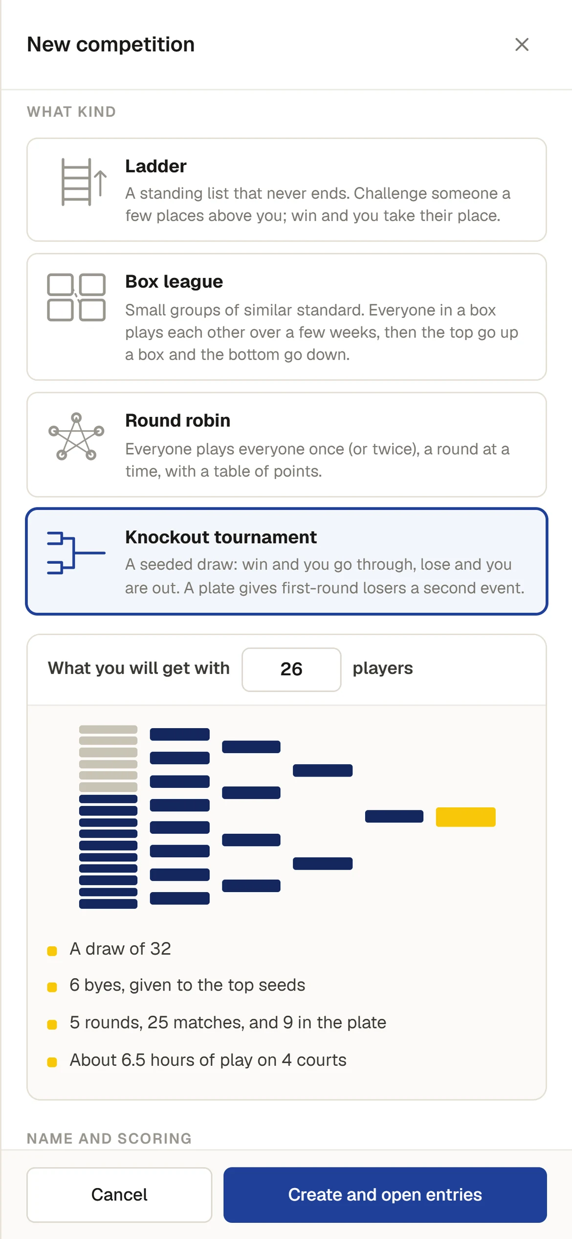 Setting up a knockout: the kind of competition, and the draw it will make