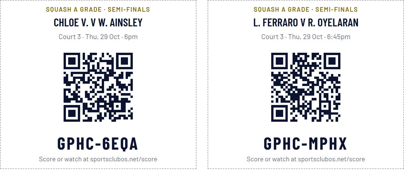 The printed code cards: the players, round, court and time, the QR code and the code