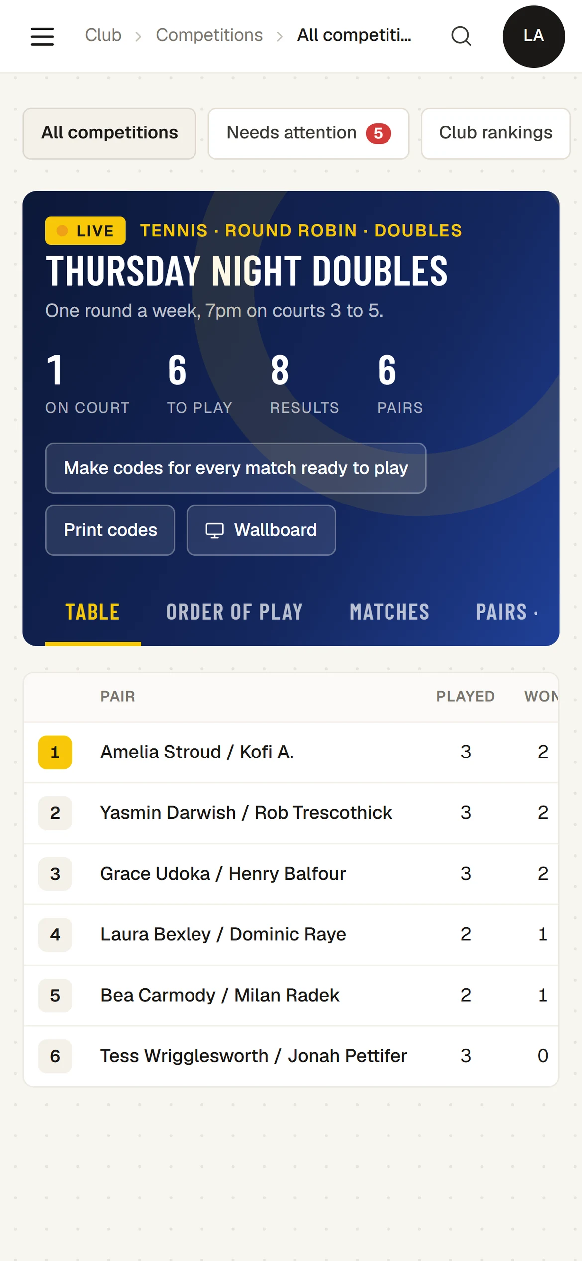 A round robin table for doubles