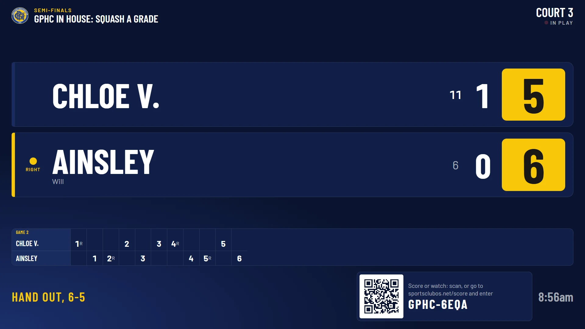 A court’s scoreboard, with the code to watch on a phone