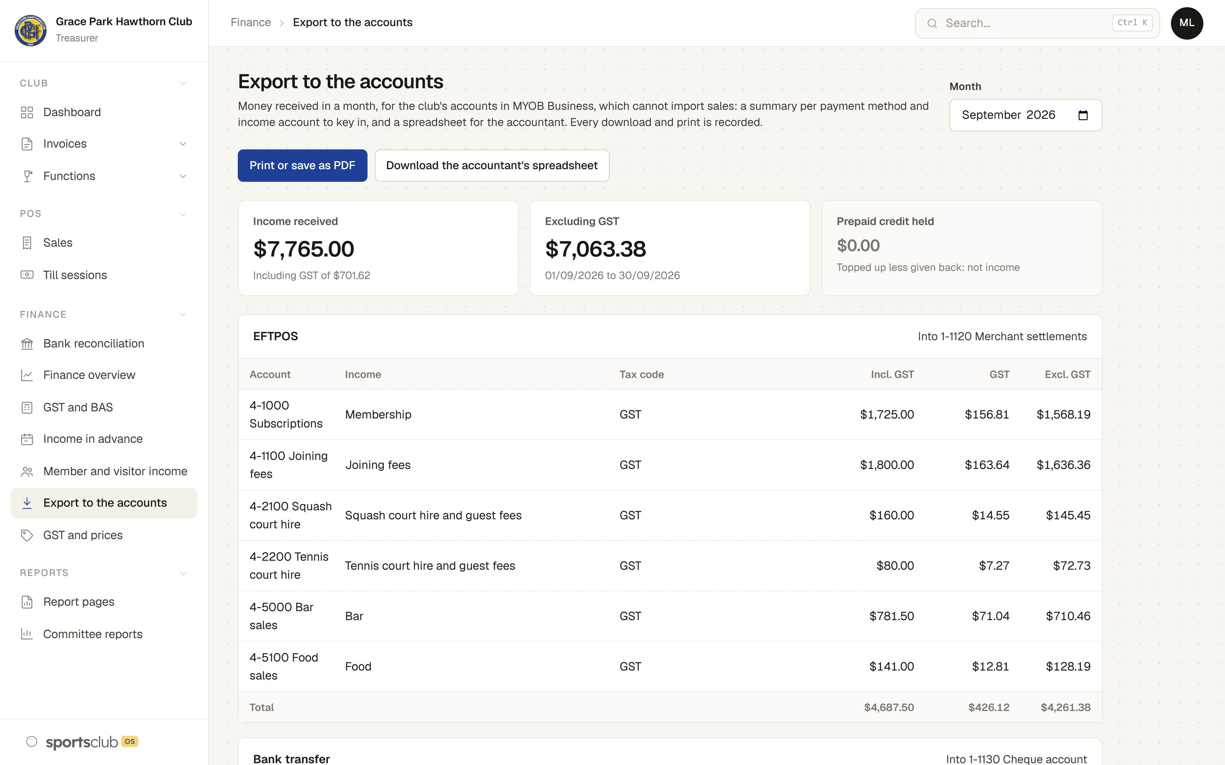 A month’s summary for MYOB: income by account and tax code, for each payment method