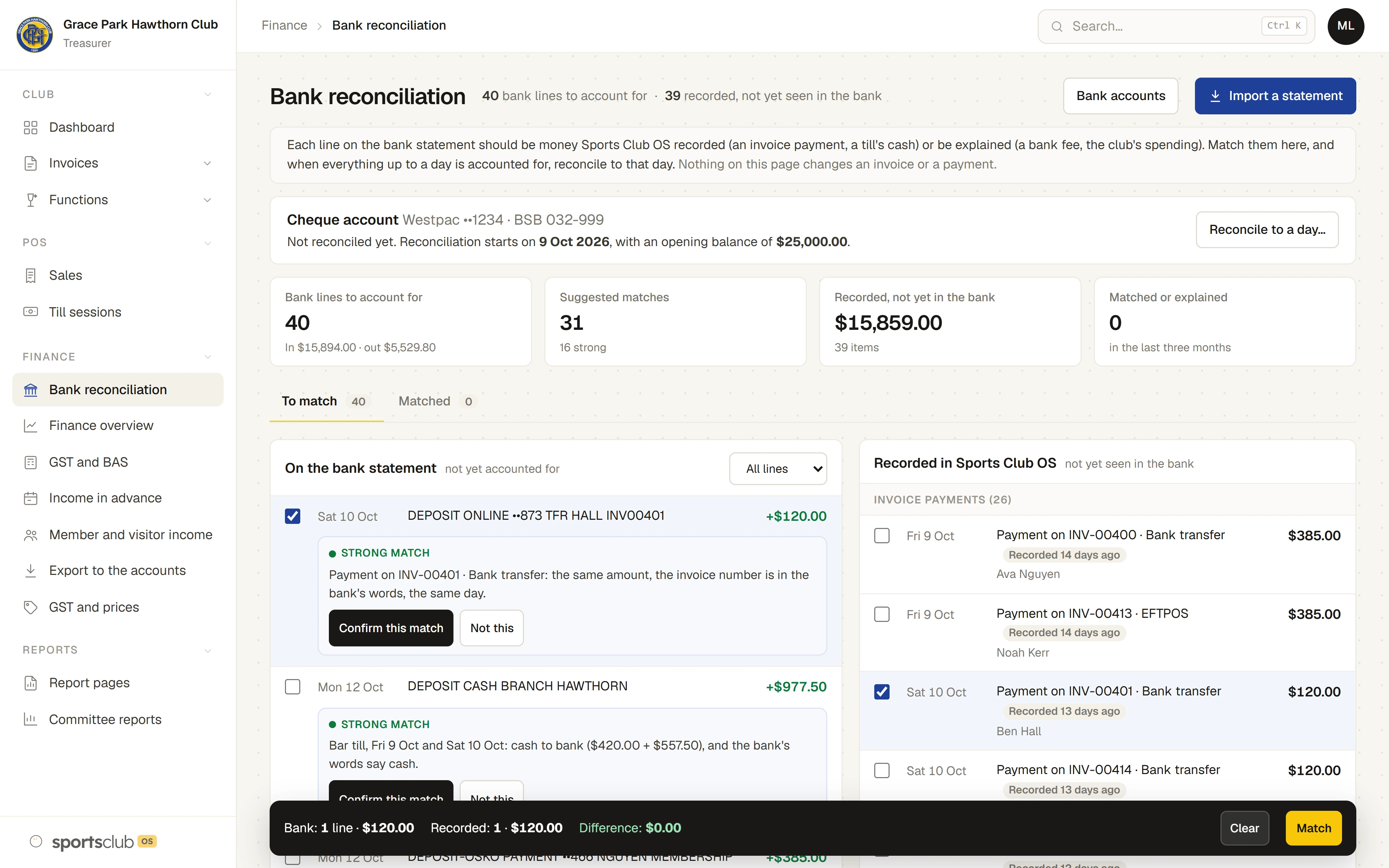 Bank reconciliation: a deposit matched to the payments it paid for, the difference nil
