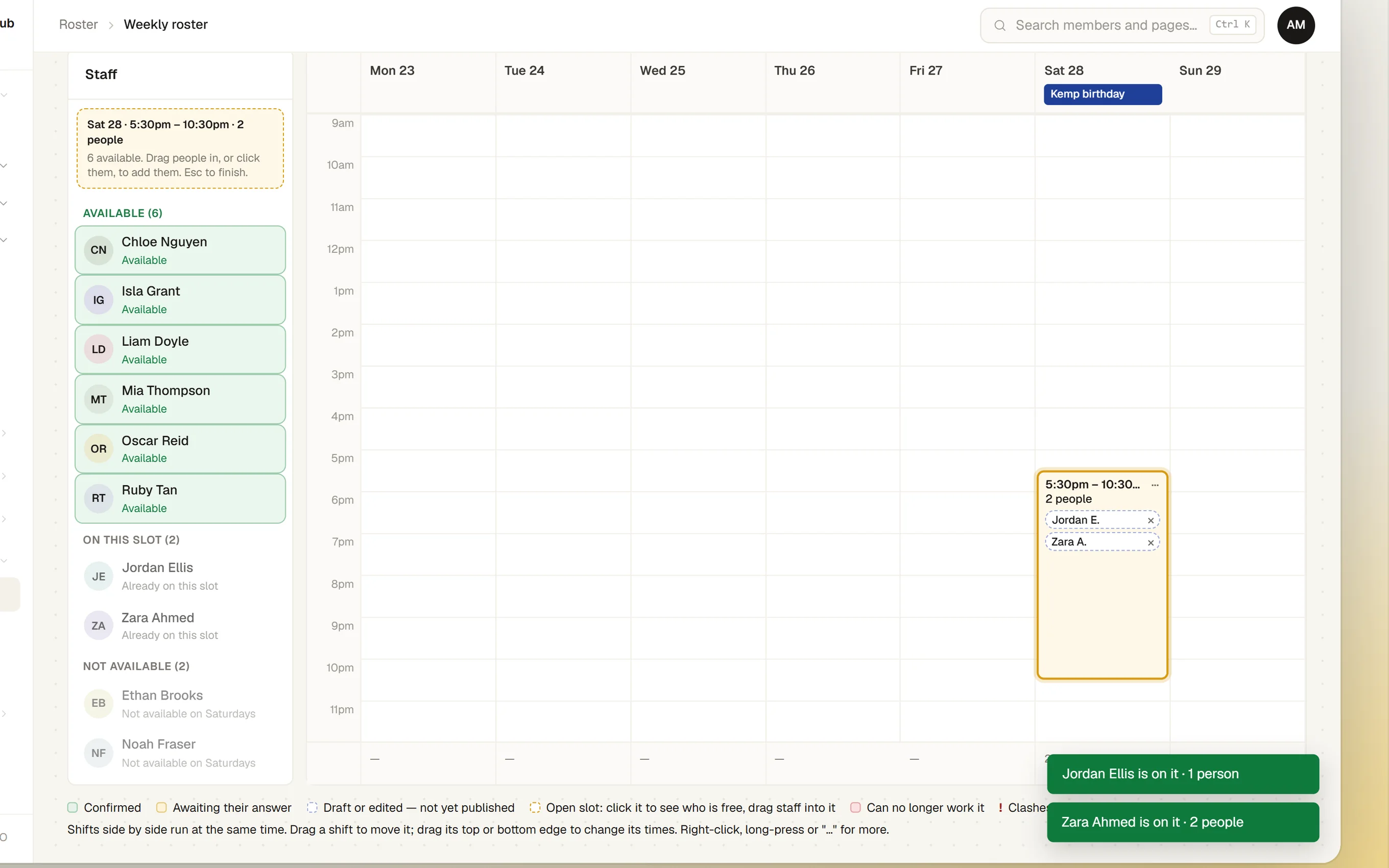 The functions calendar