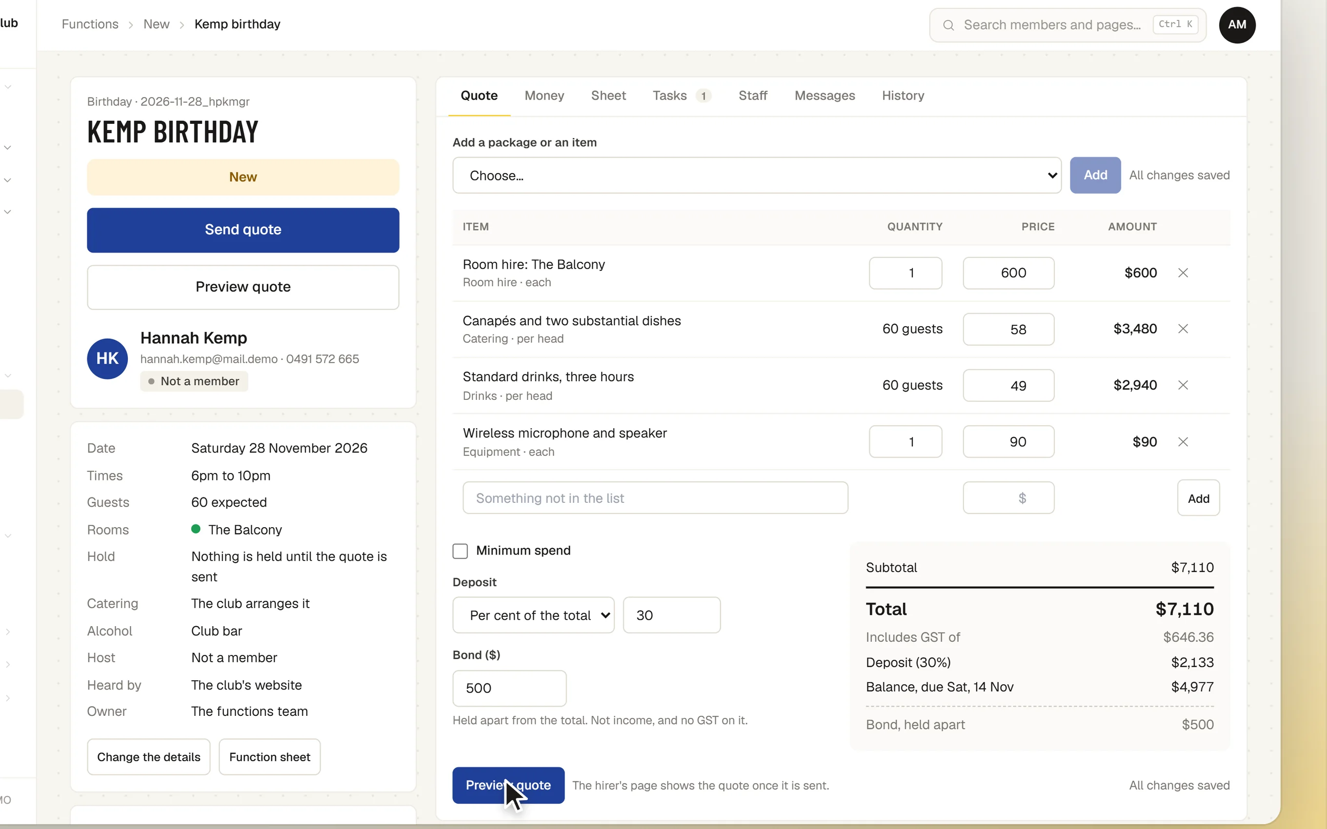 One function: its details and the quote being built