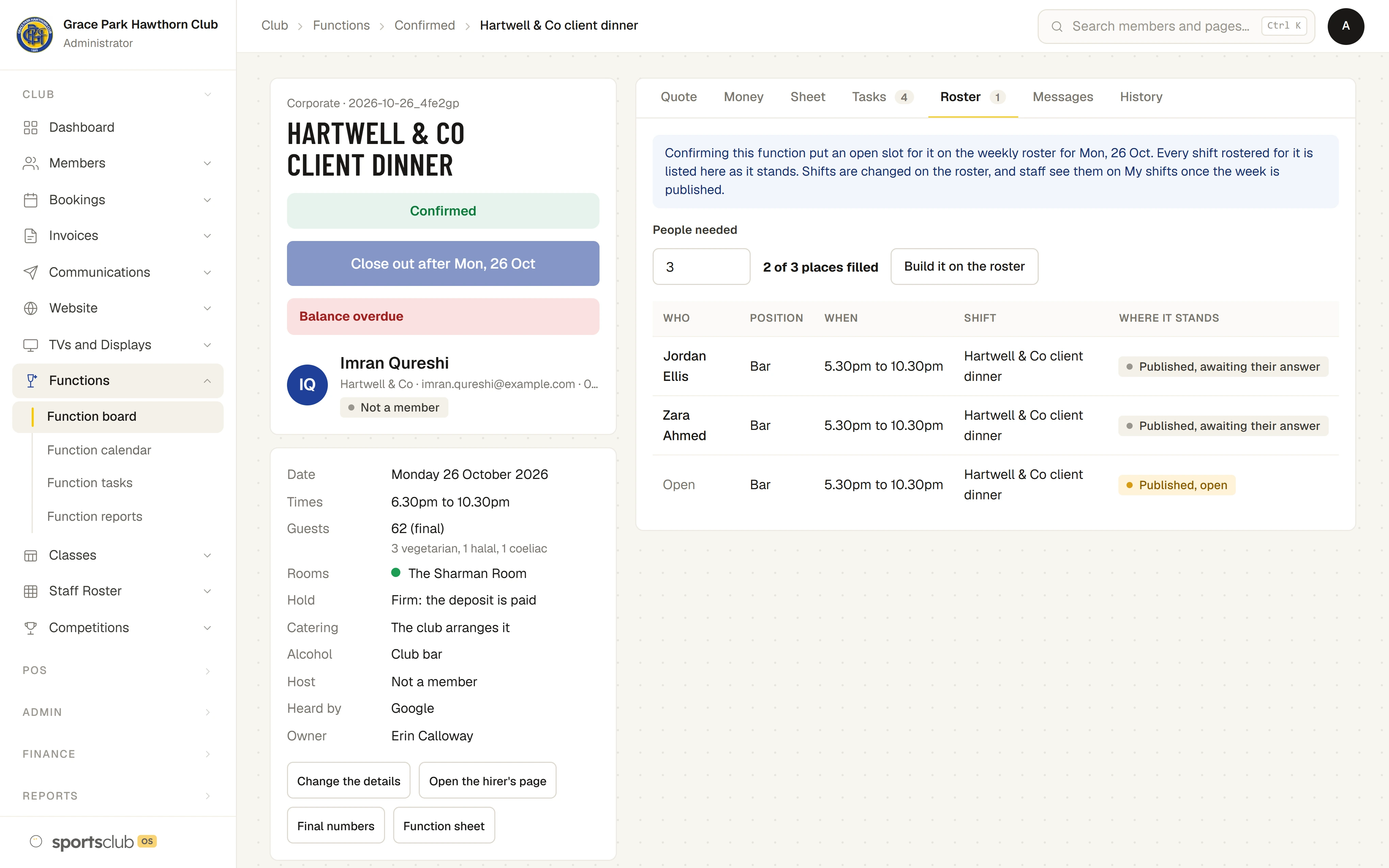 A function’s Roster tab: the staff places for the night, filled and open