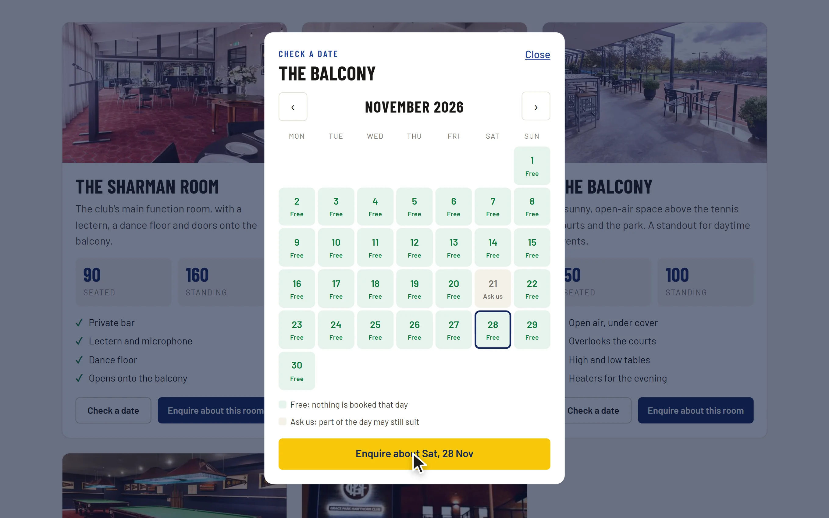 The public venue page, with rooms and an enquiry form