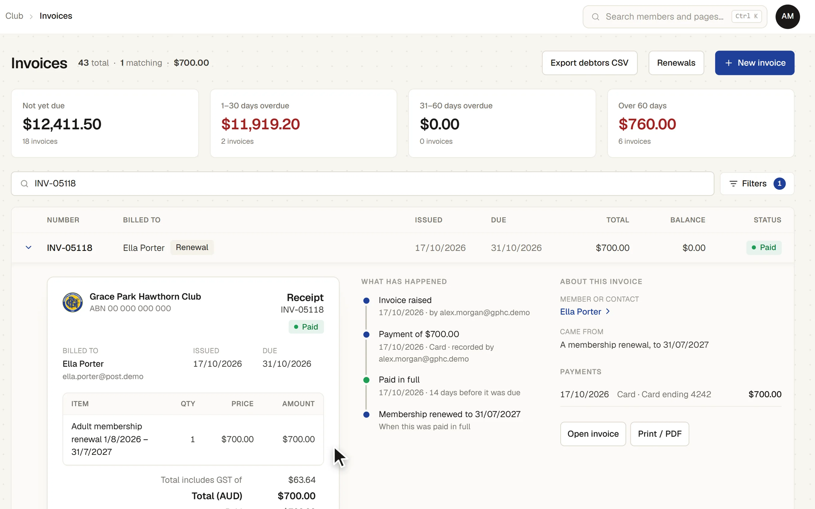 Invoices, with what is overdue and by how long