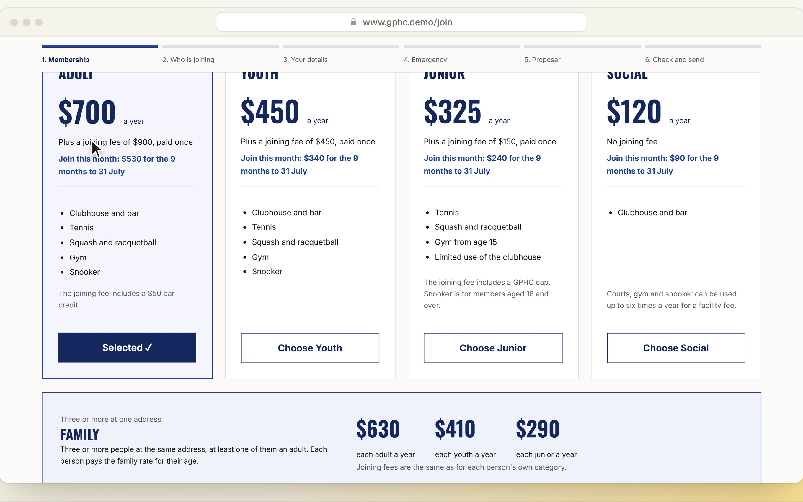 The join form on the club’s own website, with the real fees