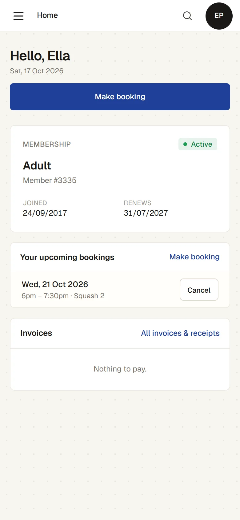 A member’s portal on a phone: an Adult membership, Active, renewing 31 July 2027, a squash court booked for Wednesday, and Make booking
