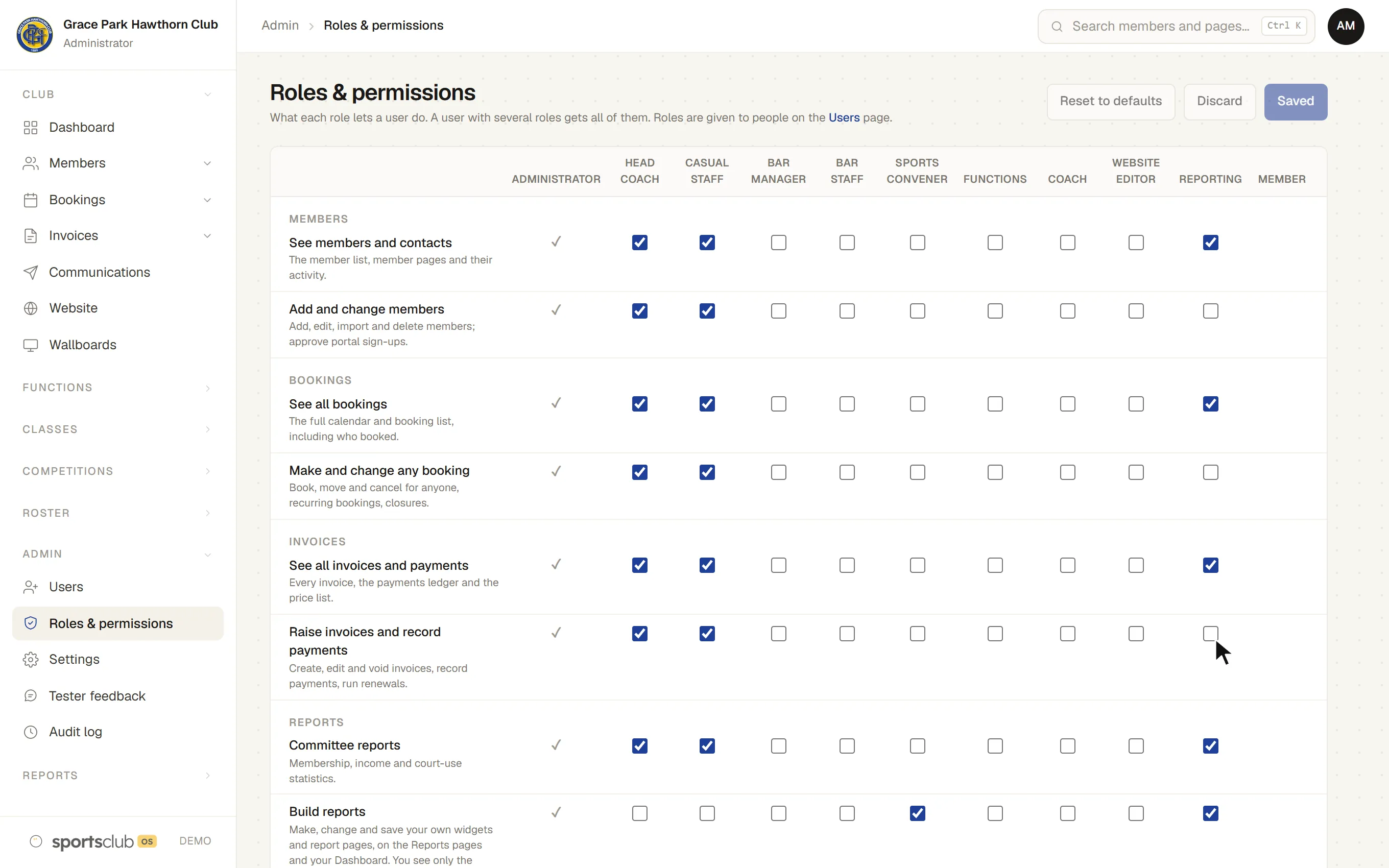 Roles & permissions: the Reporting role can see members, bookings and invoices but not change them