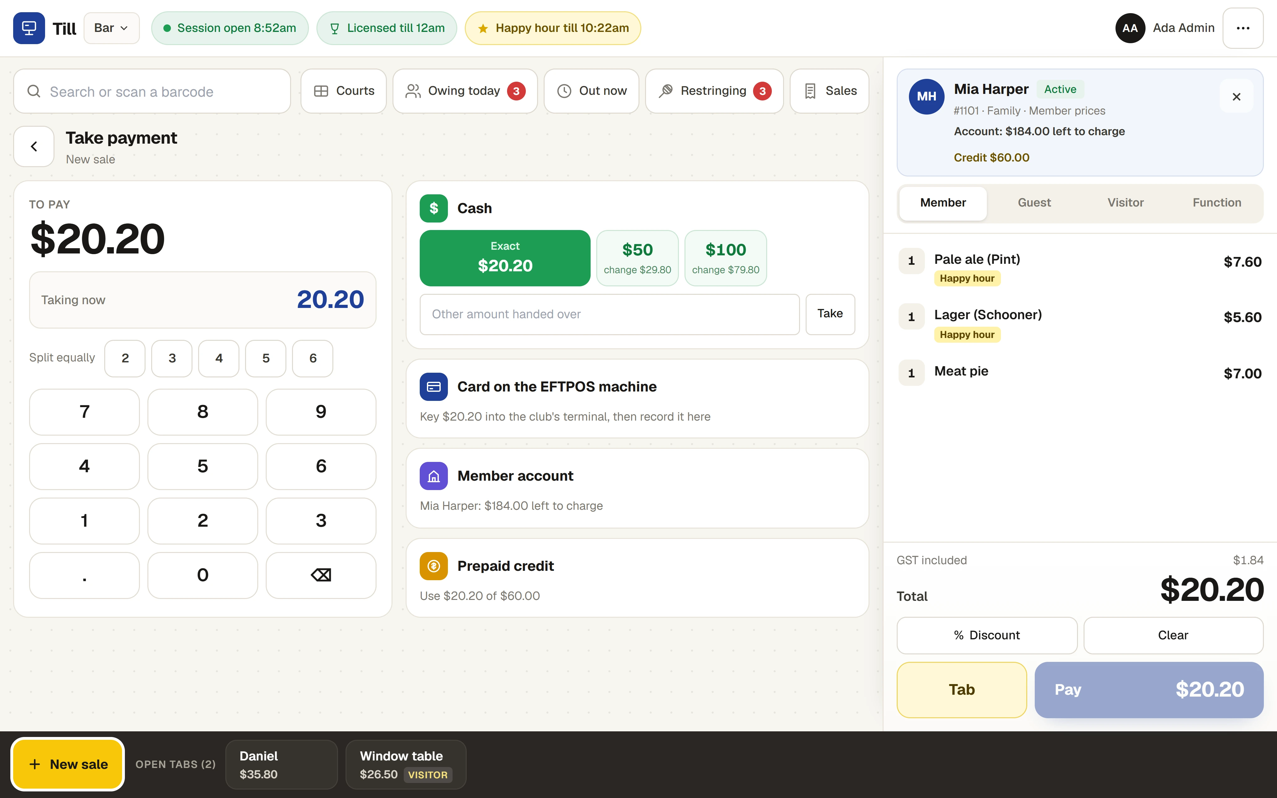 Taking payment: cash, the EFTPOS machine, the member’s account and the household’s prepaid credit