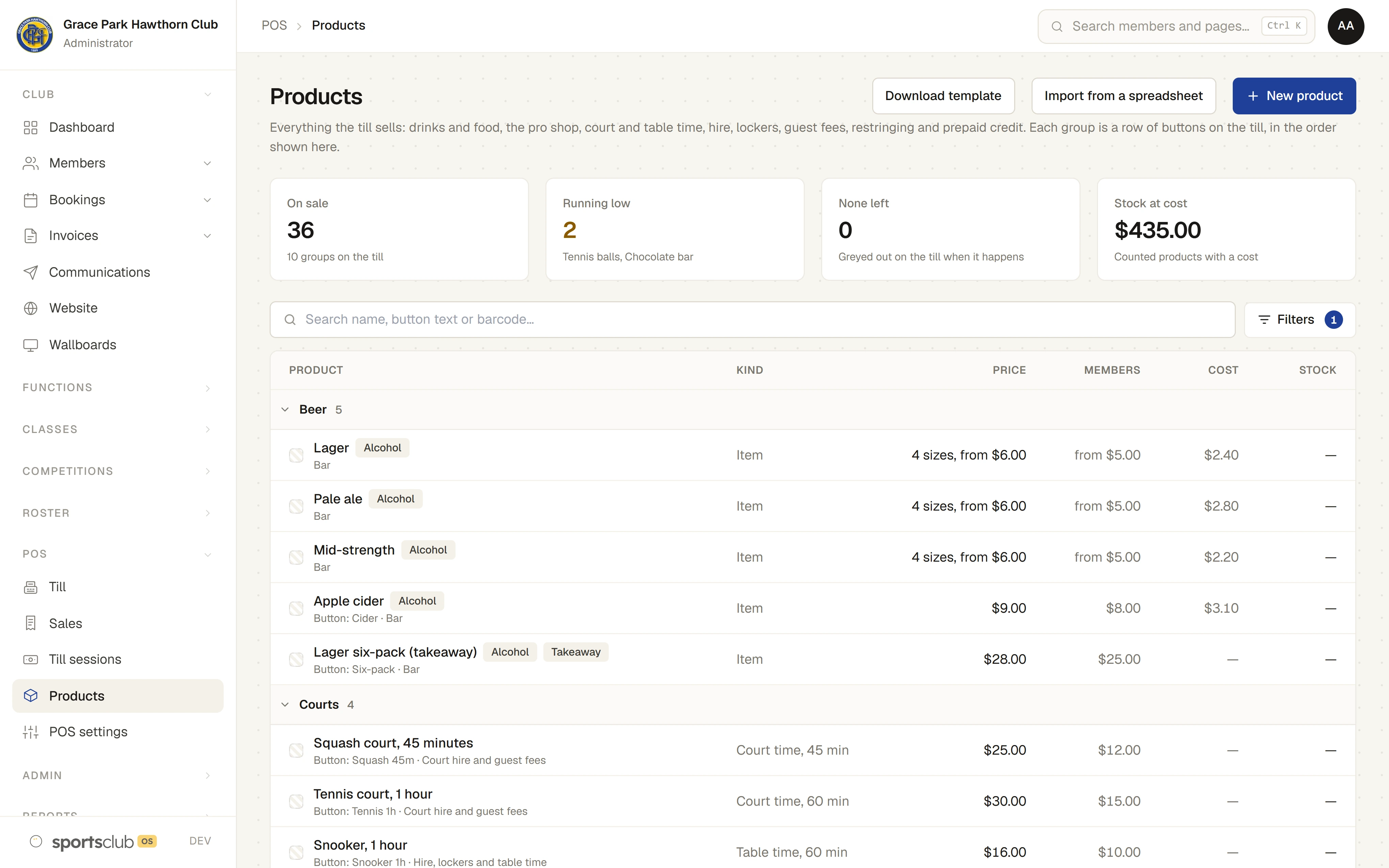 Products, with prices, member prices and stock