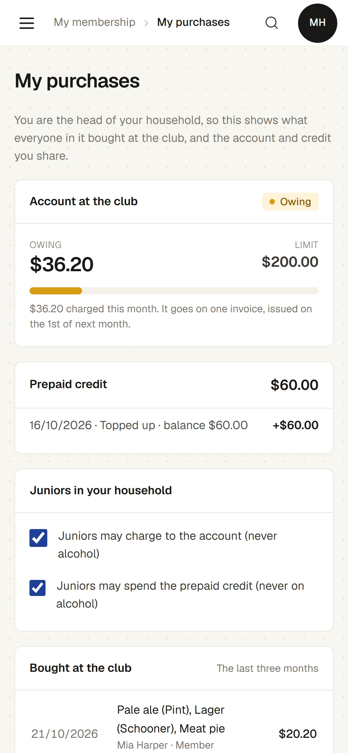 A member’s own purchases on a phone, with the household’s account and credit