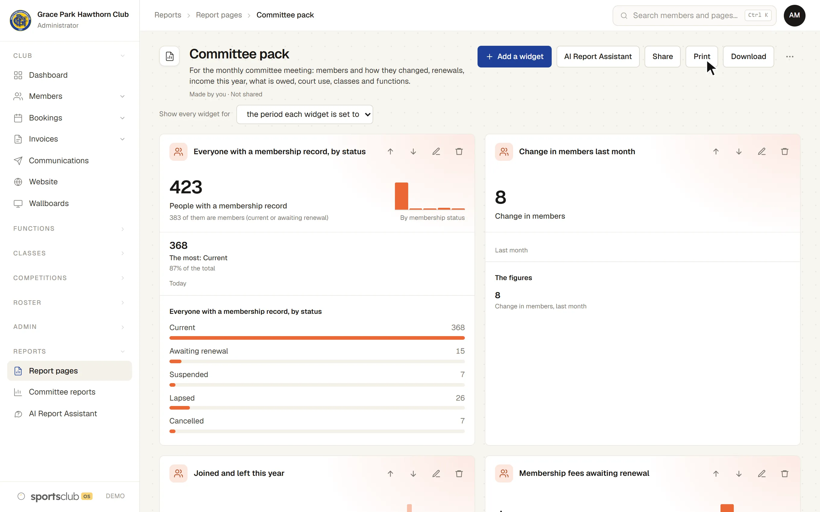 The Committee pack report page: members by status, the change in members last month, and more below