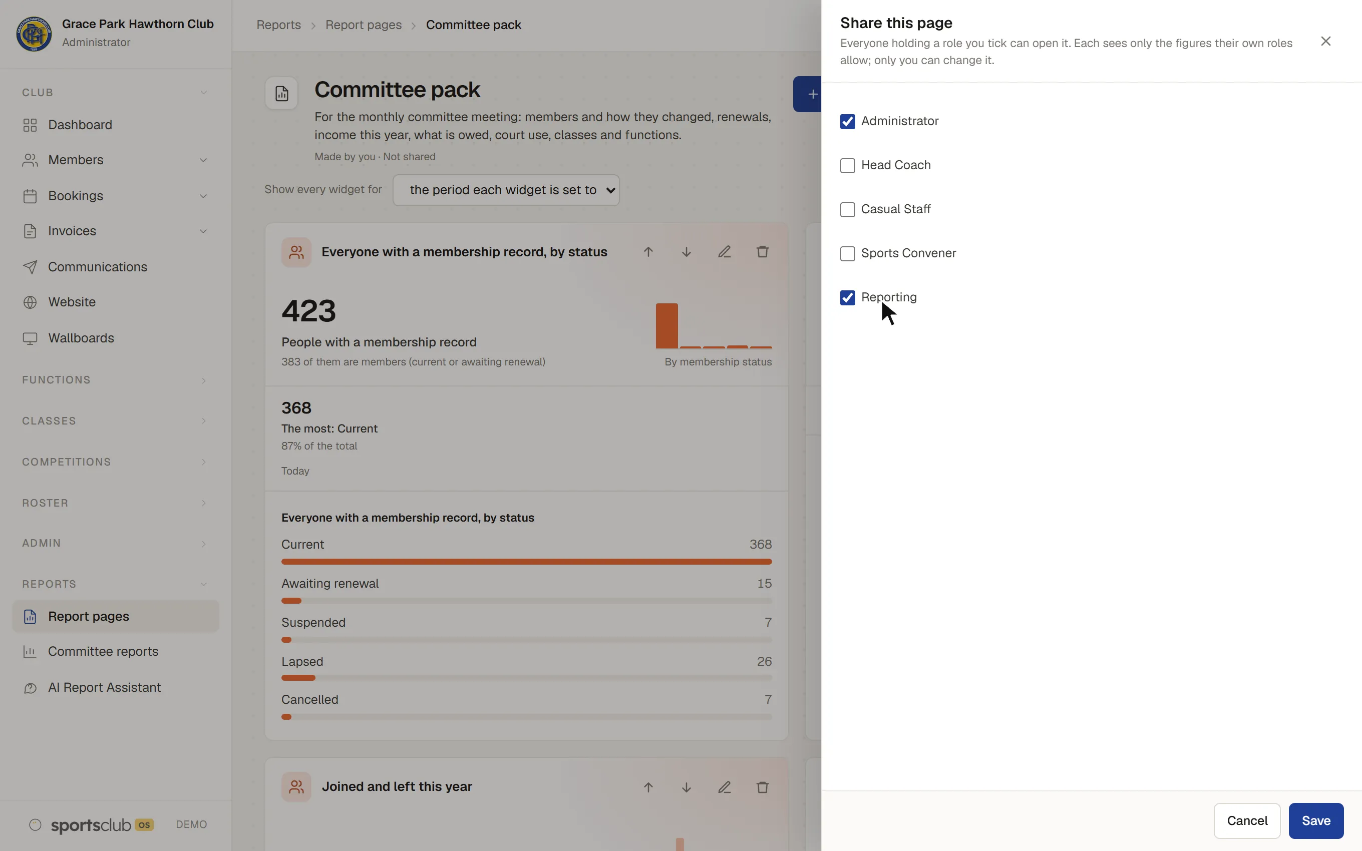 Sharing the Committee pack with the Administrator and Reporting roles
