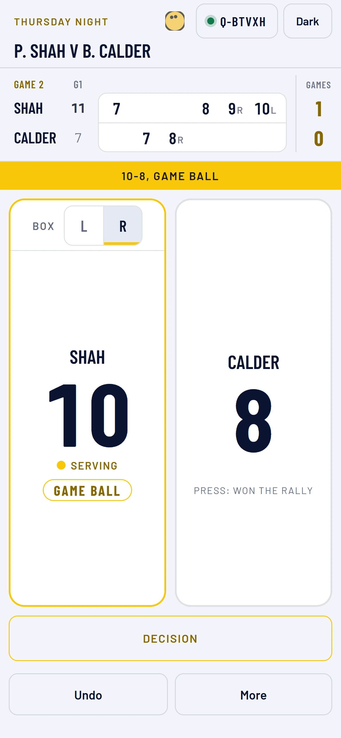 Scoring a squash match on a phone