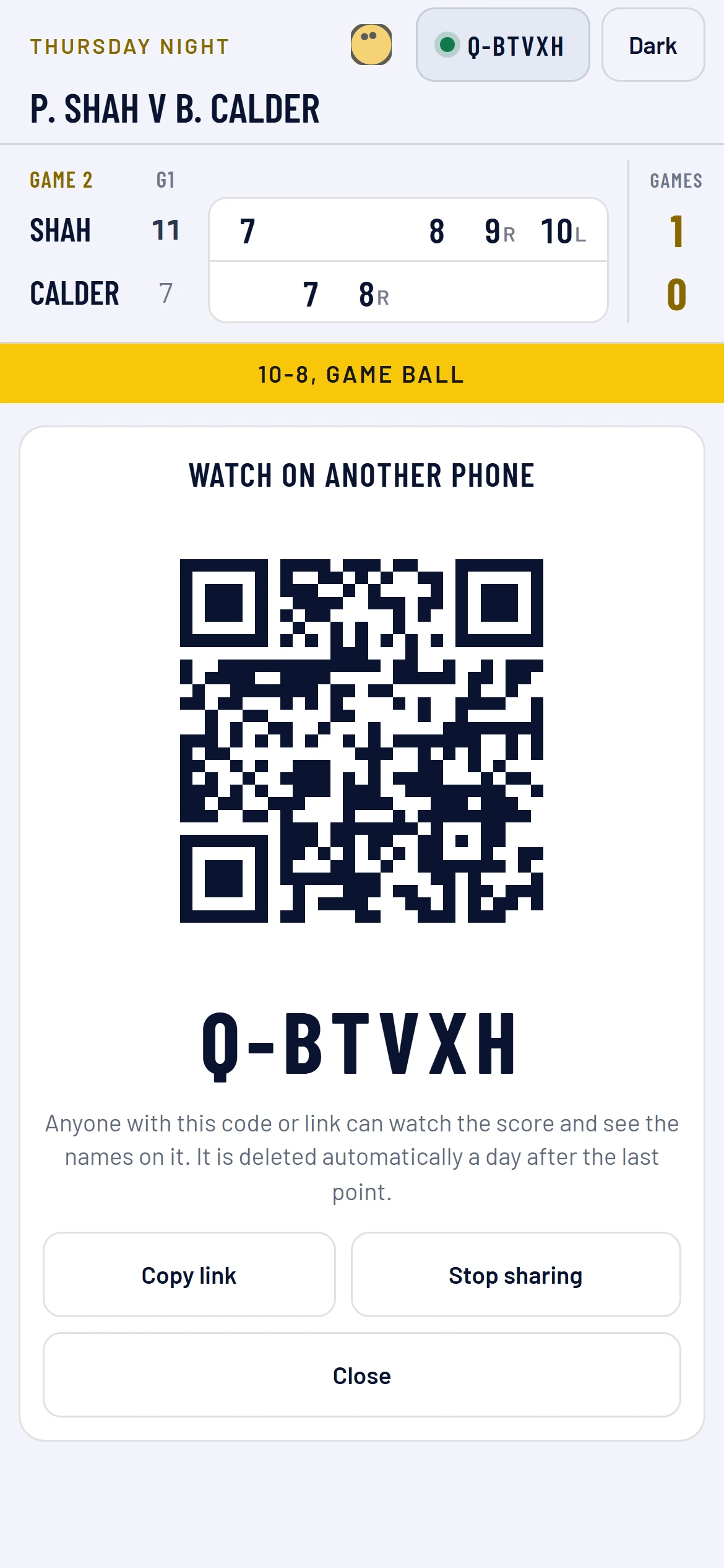 Sharing a match: its code and QR code on the scoring phone
