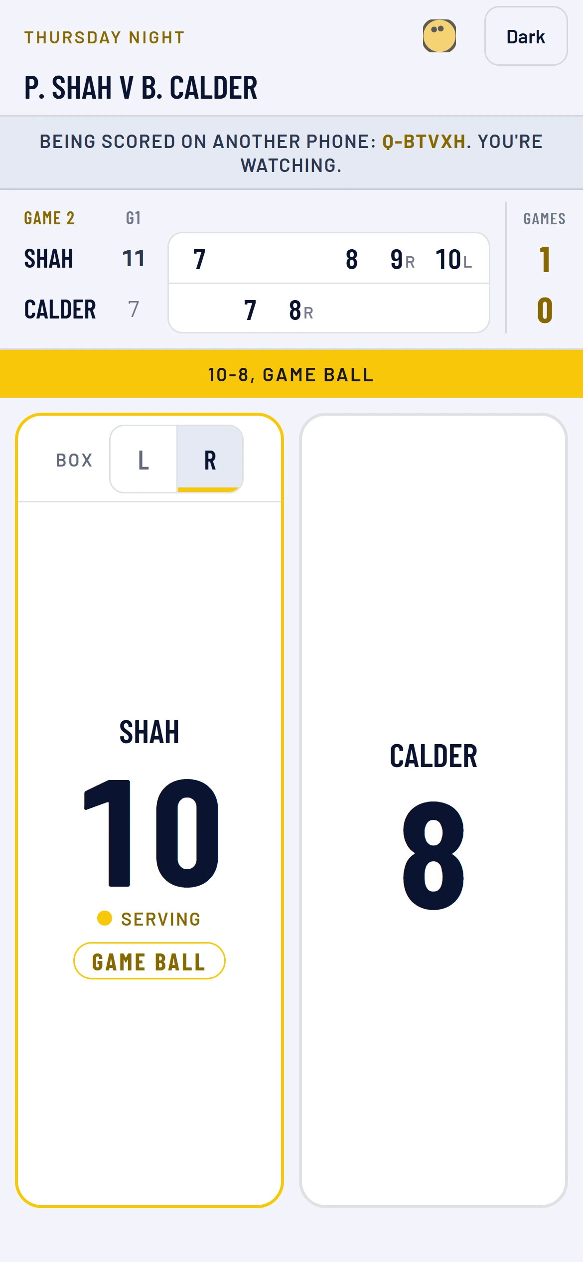 The same match, watched on another phone with its code