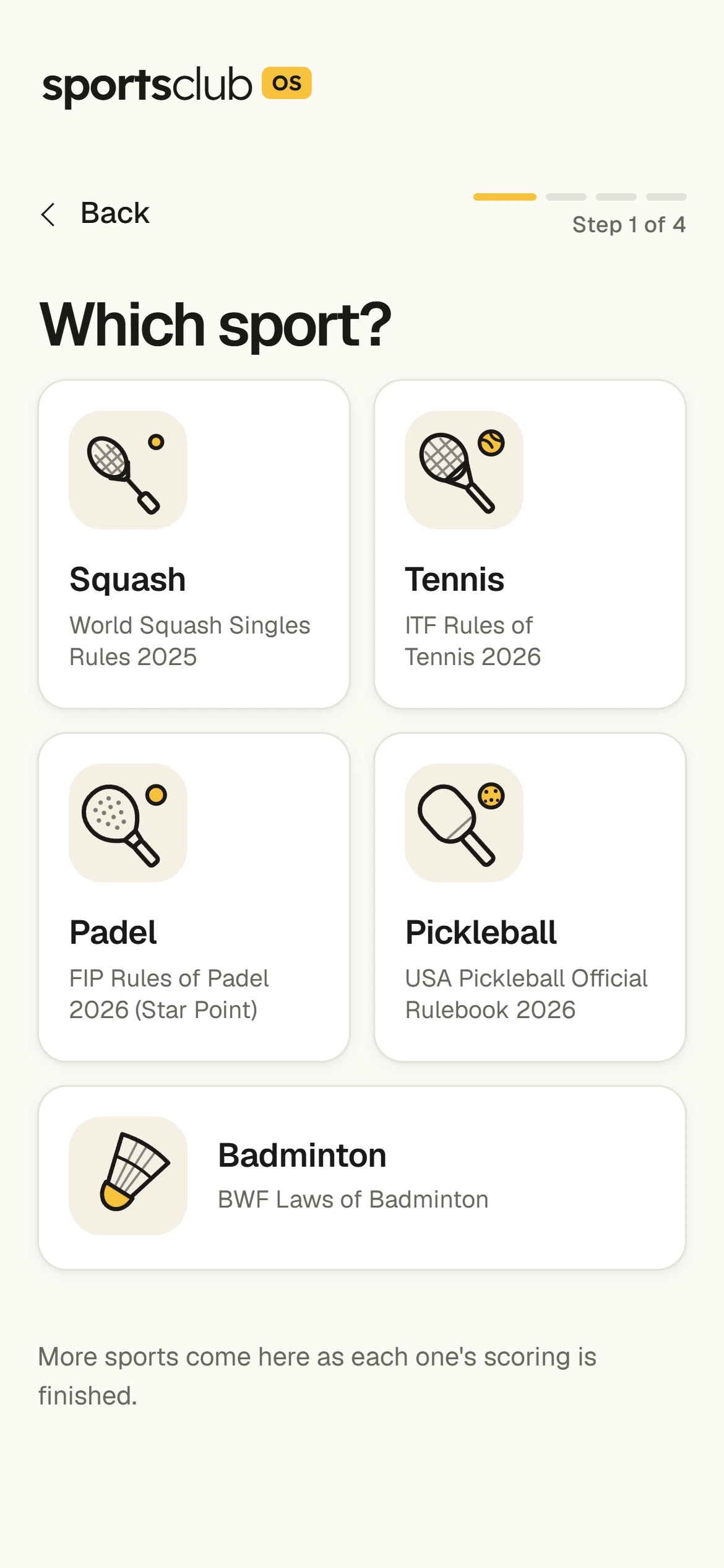 Choosing the sport, each with its current rulebook
