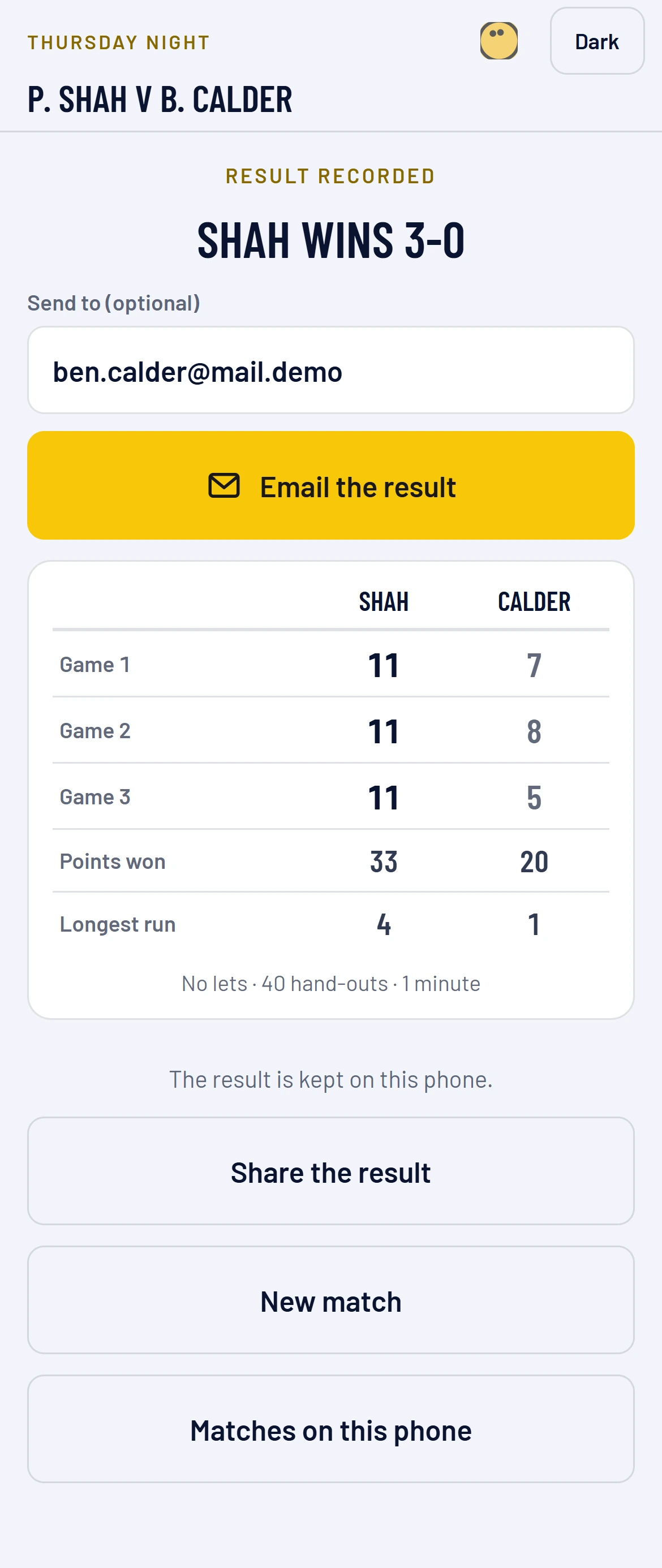 The end of a match: the result, with Email the result and Share the result