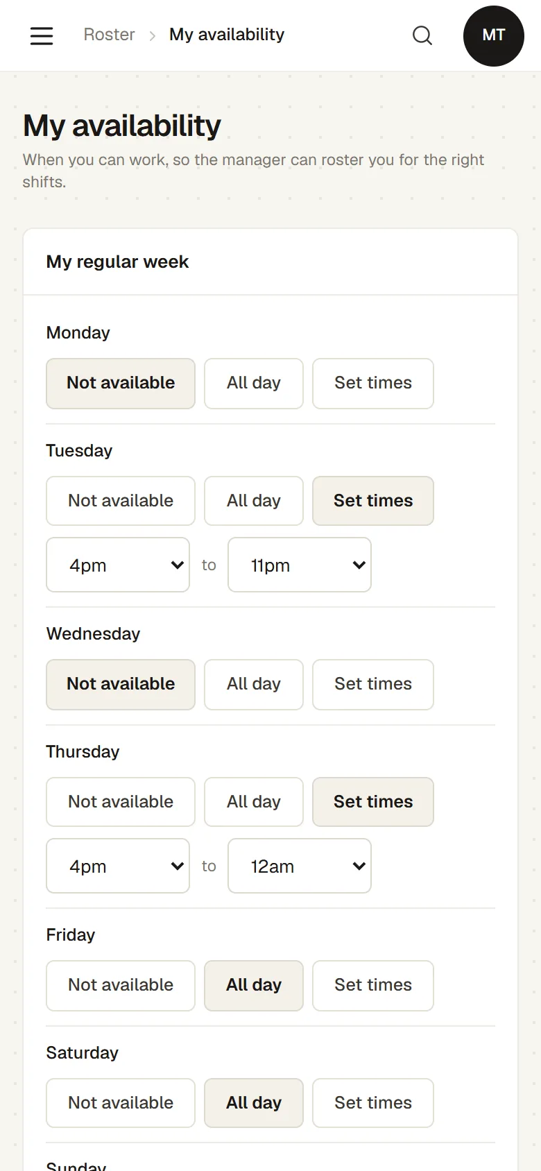 A staff member setting their usual week