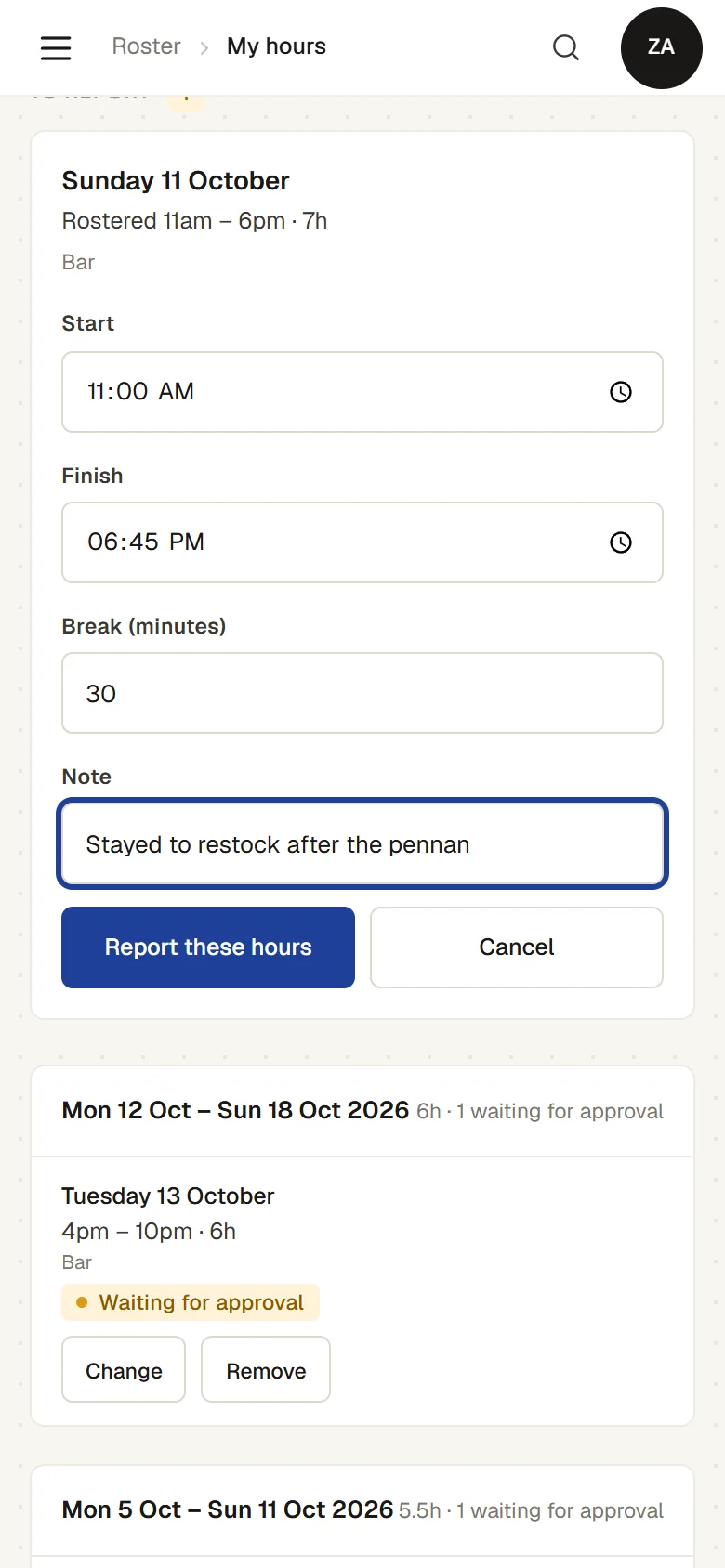 Reporting the hours worked
