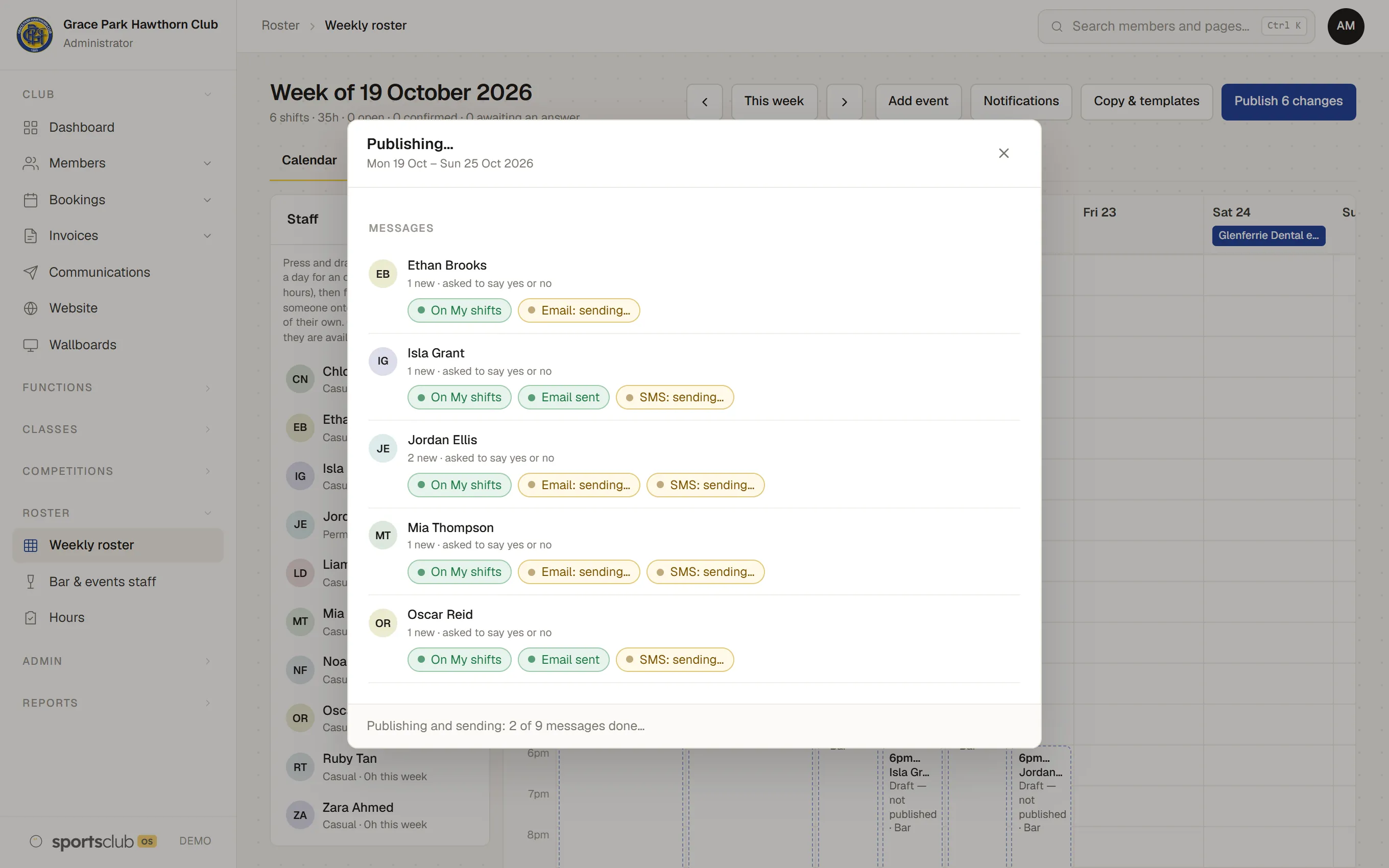 Publishing a week: each person’s shifts on My shifts at once, their emails and texts sending one by one