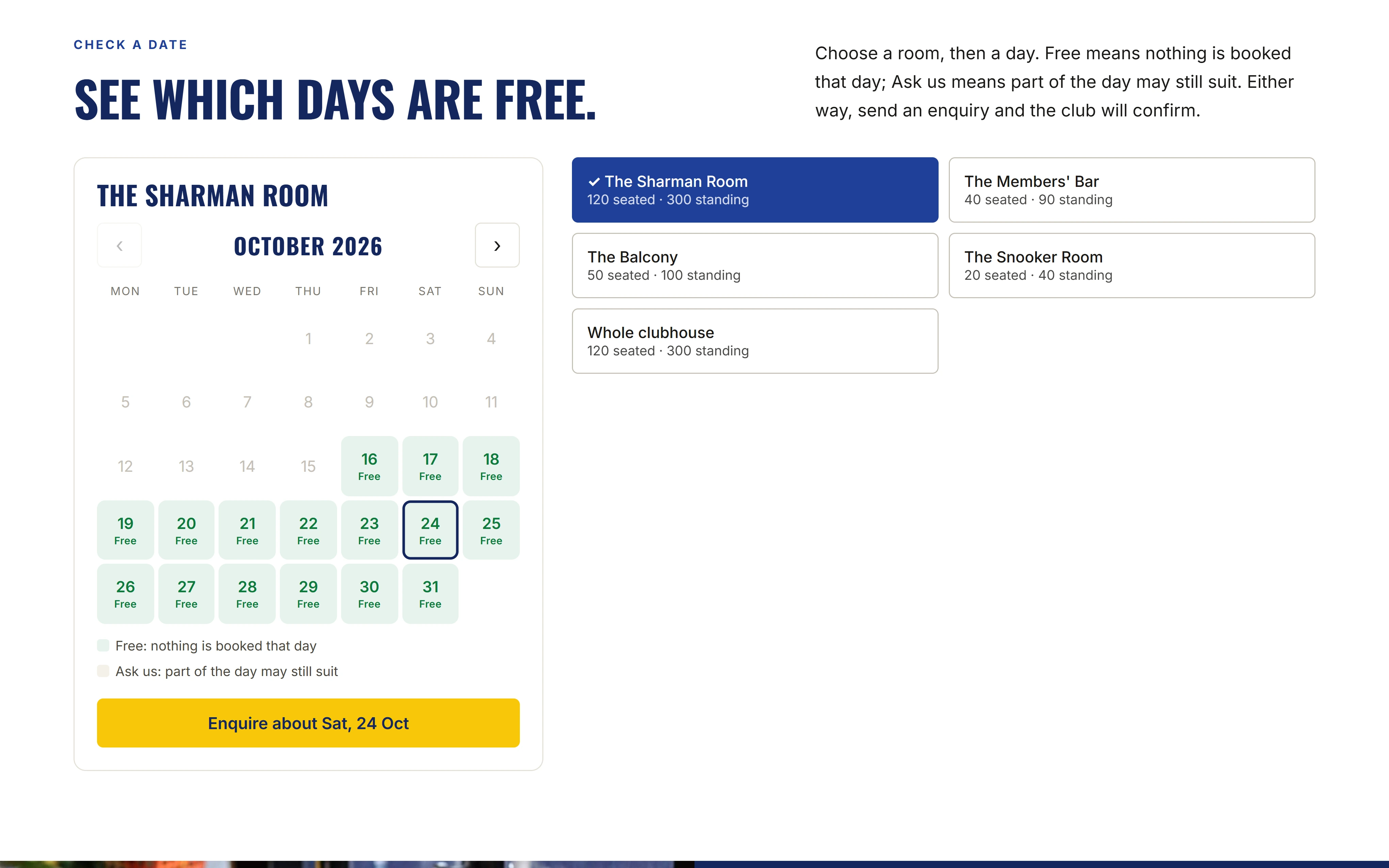 The club website’s Functions page: each room, and a calendar of the days it is free