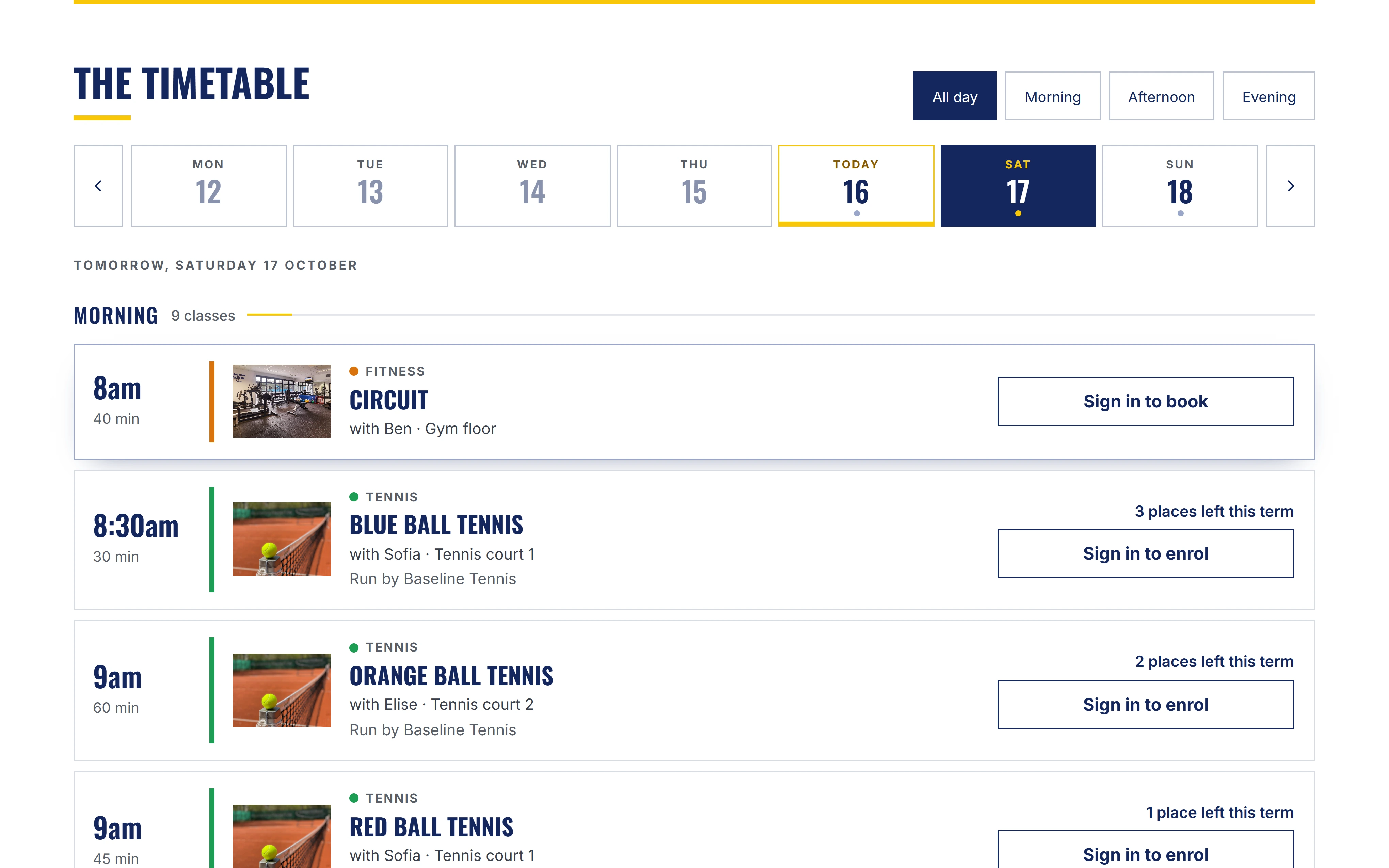 The club website’s What’s on: the classes timetable, live from Sports Club OS
