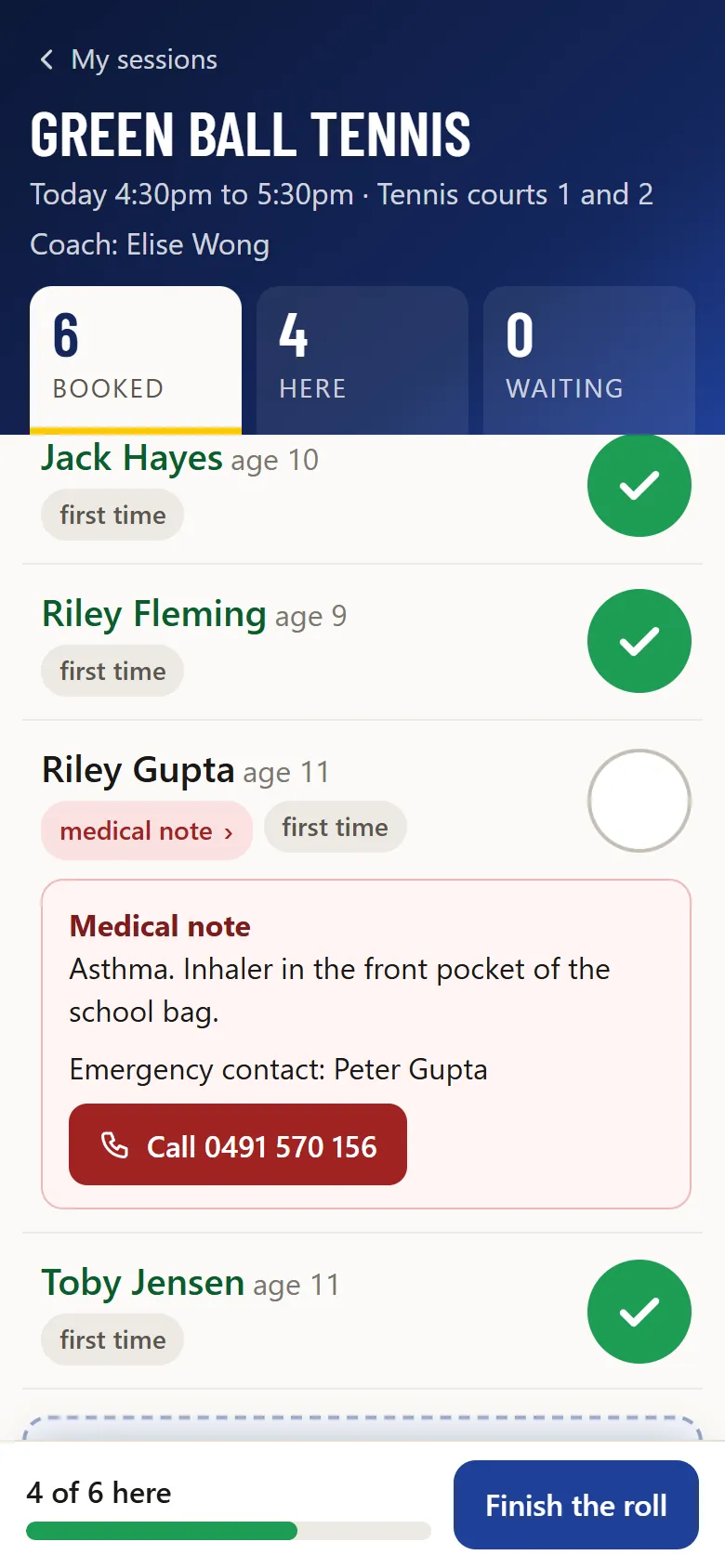 The green ball tennis roll on a phone: four of six here, and a medical note open with a button to call the emergency contact