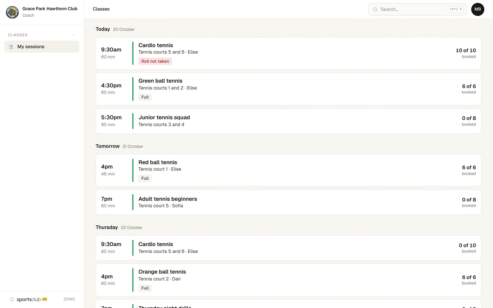 My sessions for a lead coach on Tuesday 20 October: cardio tennis with Roll not taken, green ball tennis full at 6 of 6, and the junior tennis squad