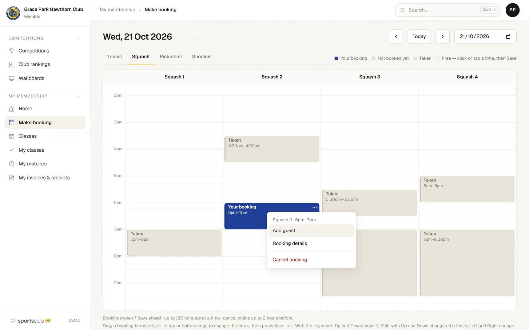 A booking on squash court 2 with its menu open on a computer: Add guest, Booking details, Cancel booking