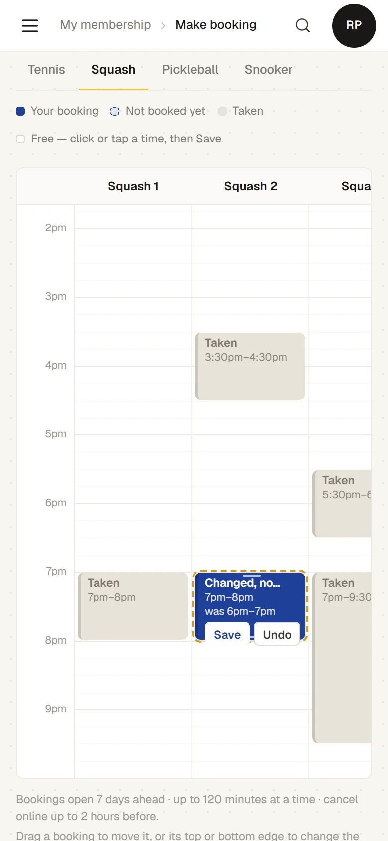 The same booking moved from 6pm to 7pm on a phone, waiting with Save and Undo