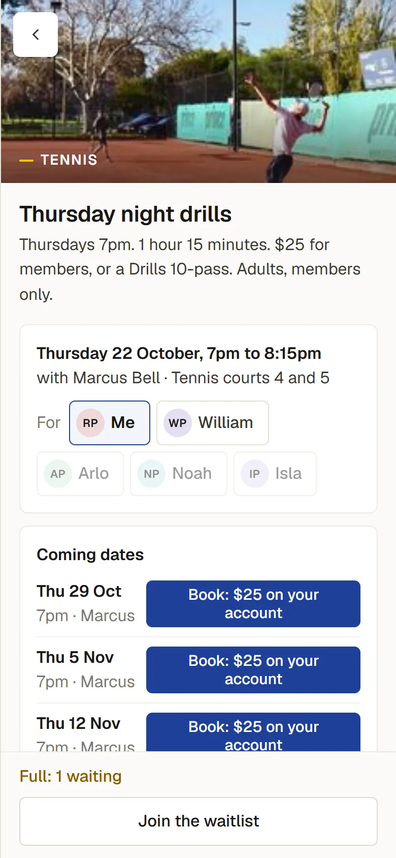 Thursday night drills on a phone, with a choice of who the place is for: Me or William; the children are greyed out