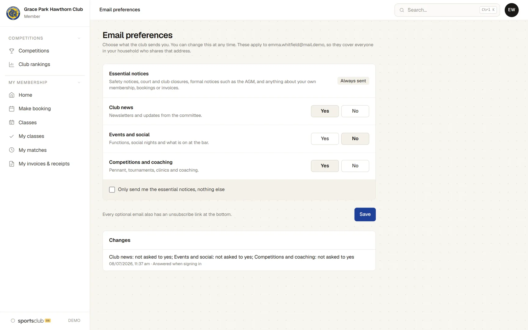 Email preferences on a computer: Essential notices always sent, and Yes or No for club news, events and social, and competitions and coaching