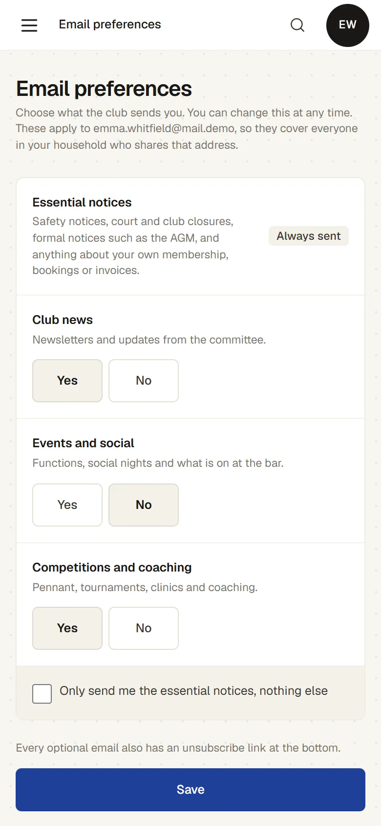 A member’s email preferences on a phone: essential notices always sent, and Yes or No for club news, events and social, and competitions and coaching