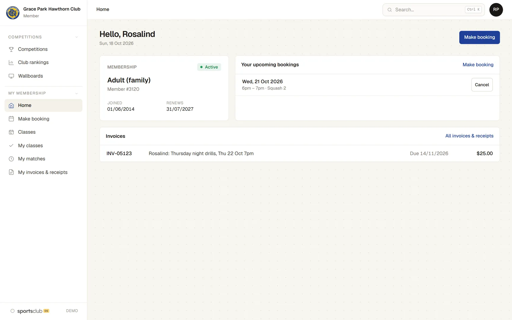A member’s home page on a computer: her membership, a squash court booked for Wednesday and an invoice for $25.00