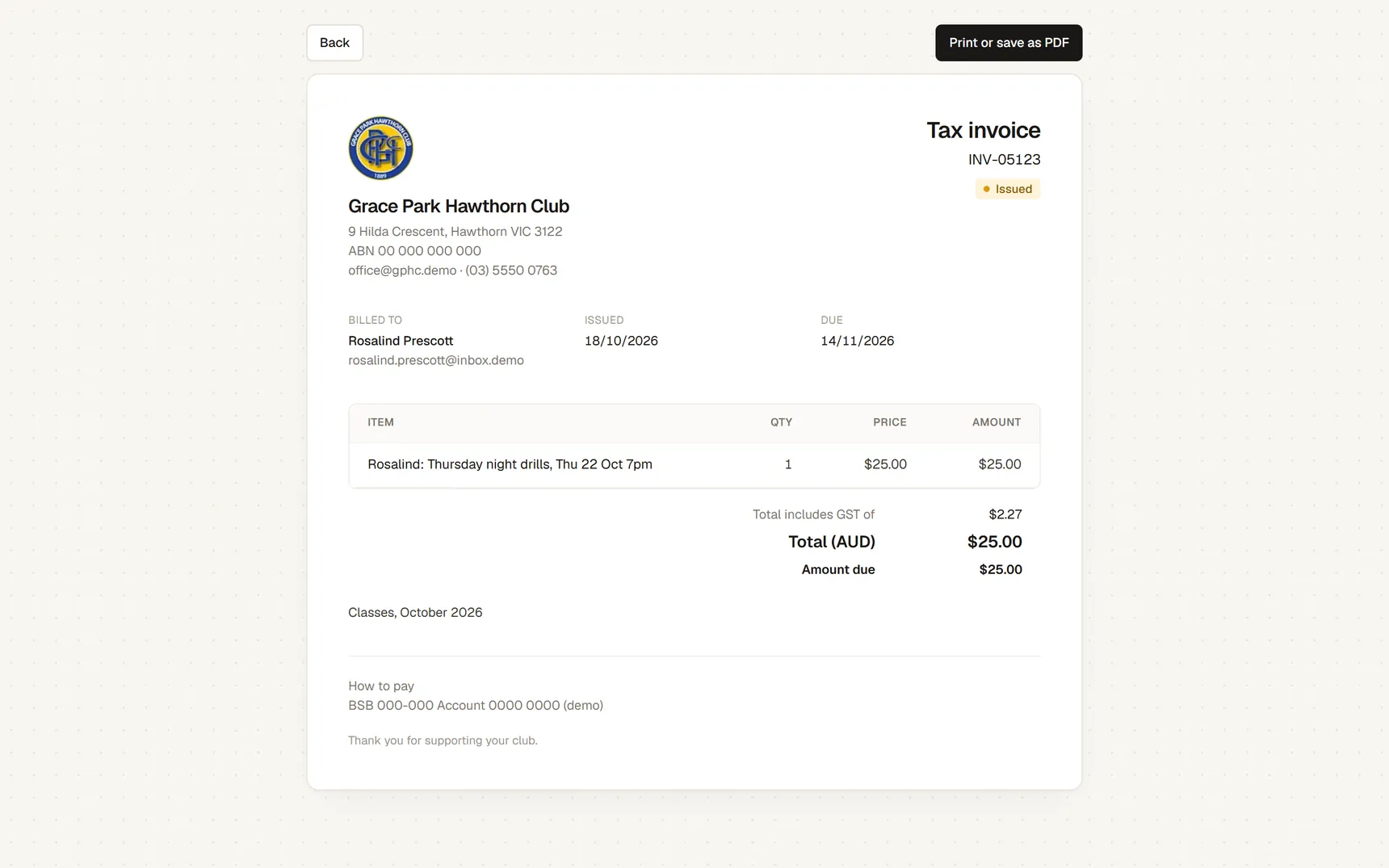 A tax invoice for a Thursday night drills session on a computer, with How to pay and the club’s bank details
