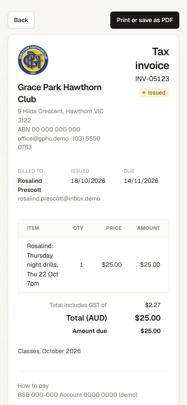 A tax invoice on a member’s phone: $25.00 for a Thursday night drills session, issued 18 October and due 14 November, with Print or save as PDF
