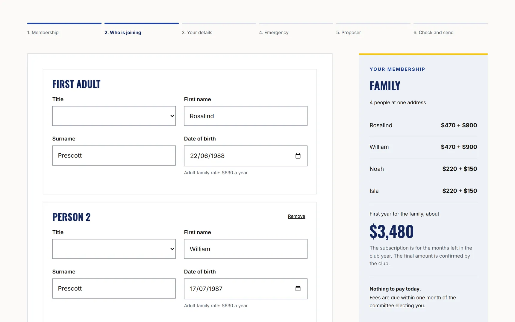 The club’s join form on a computer: a family of four, with each person’s fees and about $3,480 for the first year