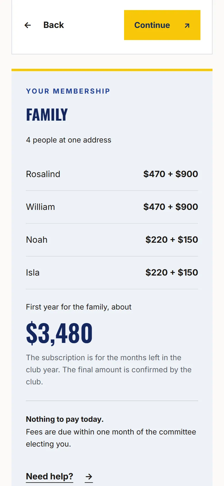 Joining on a phone: a family of four, each person’s fees, and about $3,480 for the first year