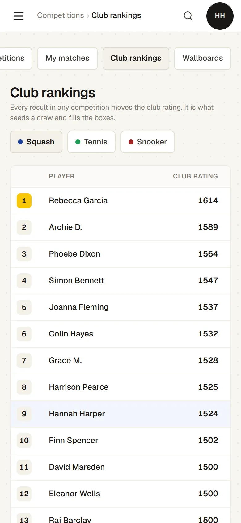 The squash club rankings on a phone