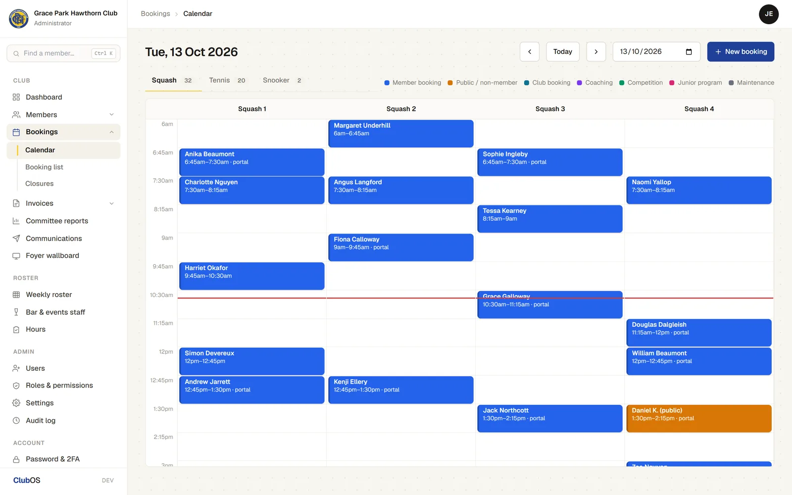Court booking calendar