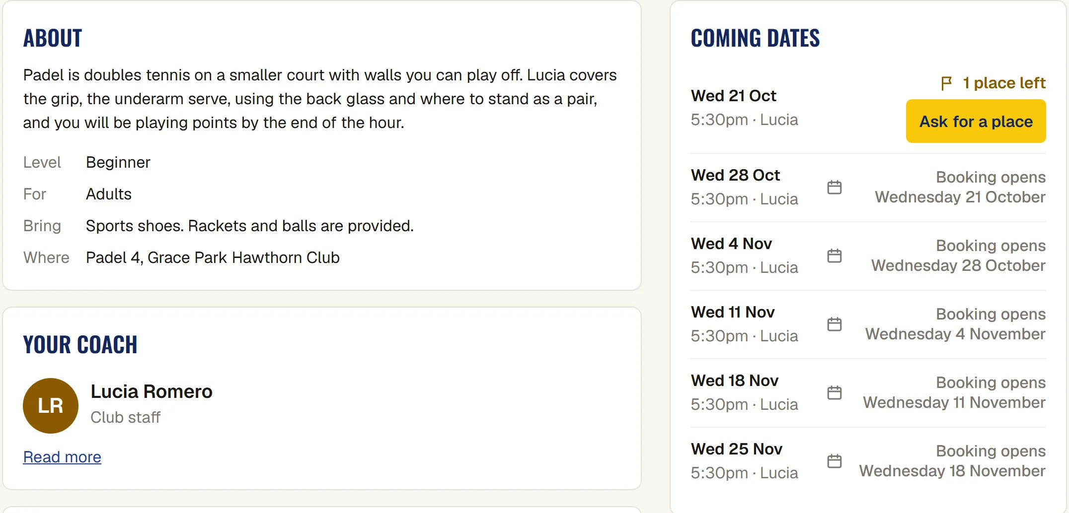 Intro to padel on the club's What's On page: about the session, beginner, adults, Padel 4, coach Lucia Romero, and the coming Wednesdays, with 1 place left and Ask for a place on 21 October