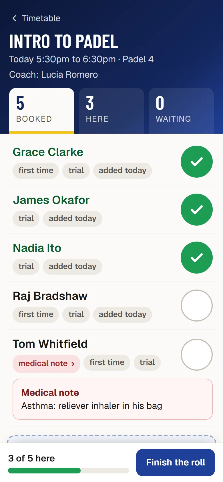 The coach's roll on a phone: Intro to padel, today 5:30pm to 6:30pm on Padel 4, 3 of 5 here, and Tom Whitfield's medical note opened: Asthma: reliever inhaler in his bag